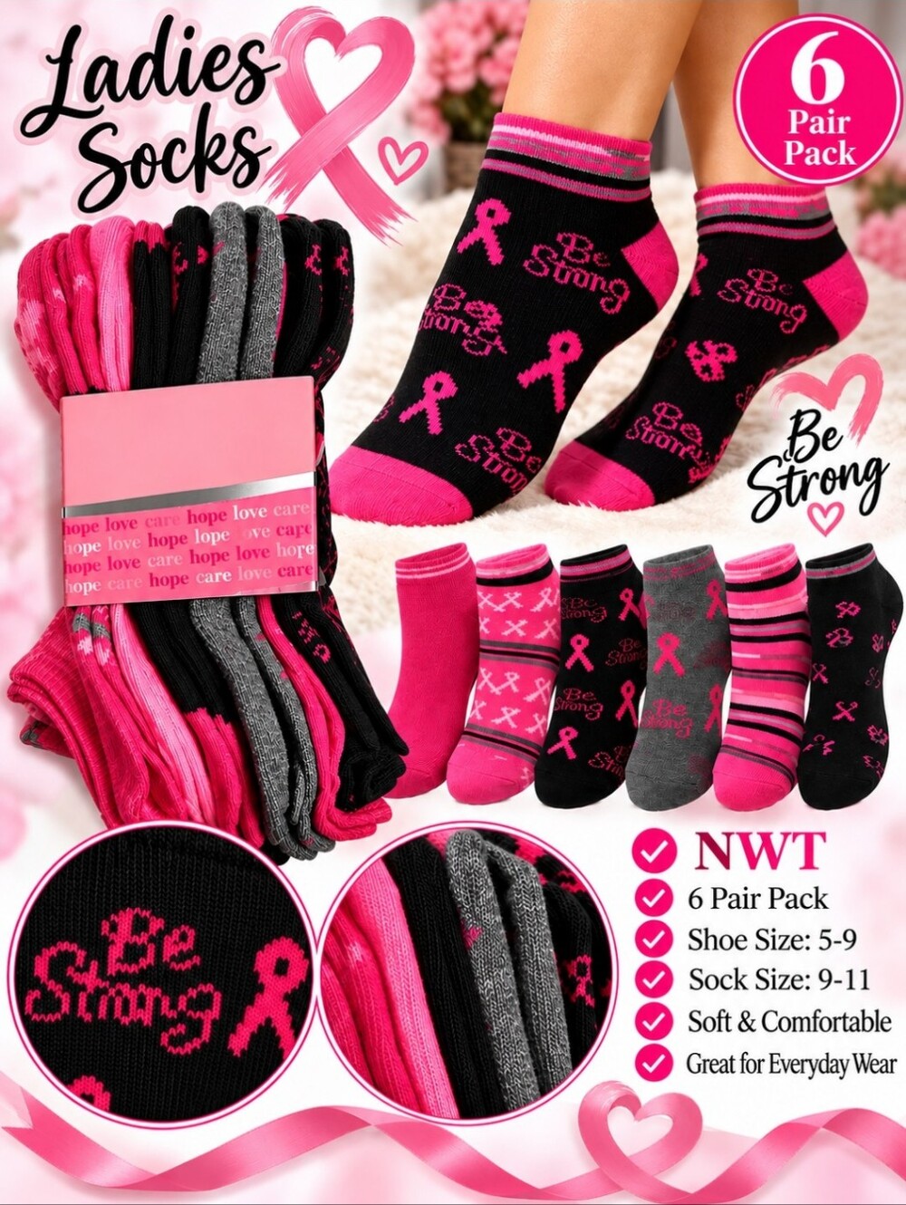 Ladies Breast Cancer Awareness 6-Pack 'Be Strong' Ankle Socks - Pink & Black
